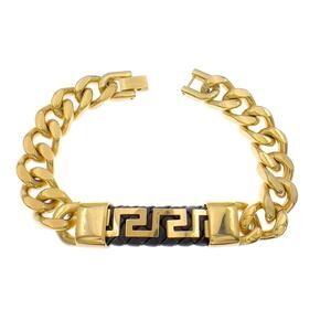 Cuban Link Men Bracelet Gold Stainless Steel ID Black Leather